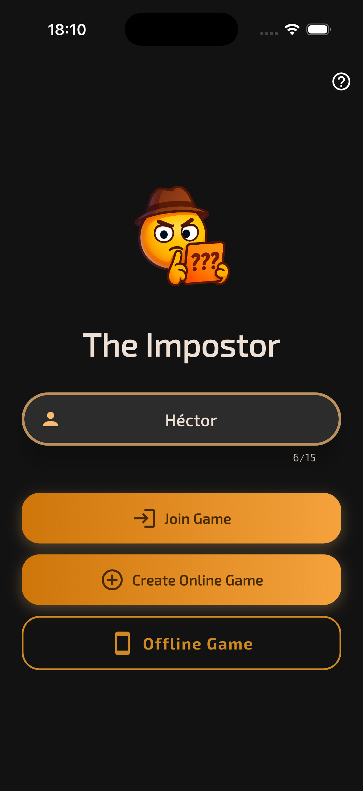 App Screenshot showing game setup